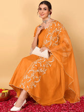 Women Orange Silk Blend Embroidered Anarkali Kurta Pant Set With Dupatta